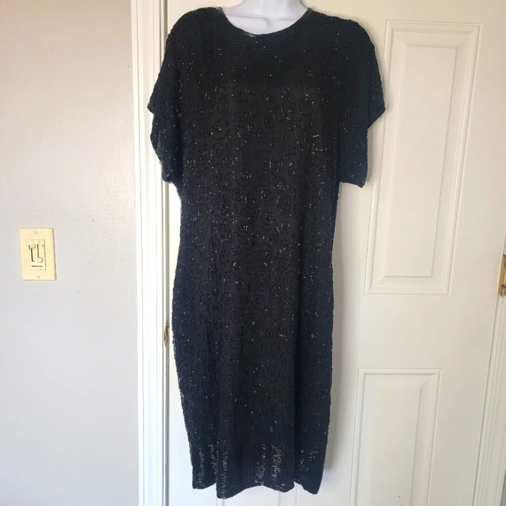 Stenay Vintage Black 100% Silk All Over Beaded Cocktail Dress Size 12